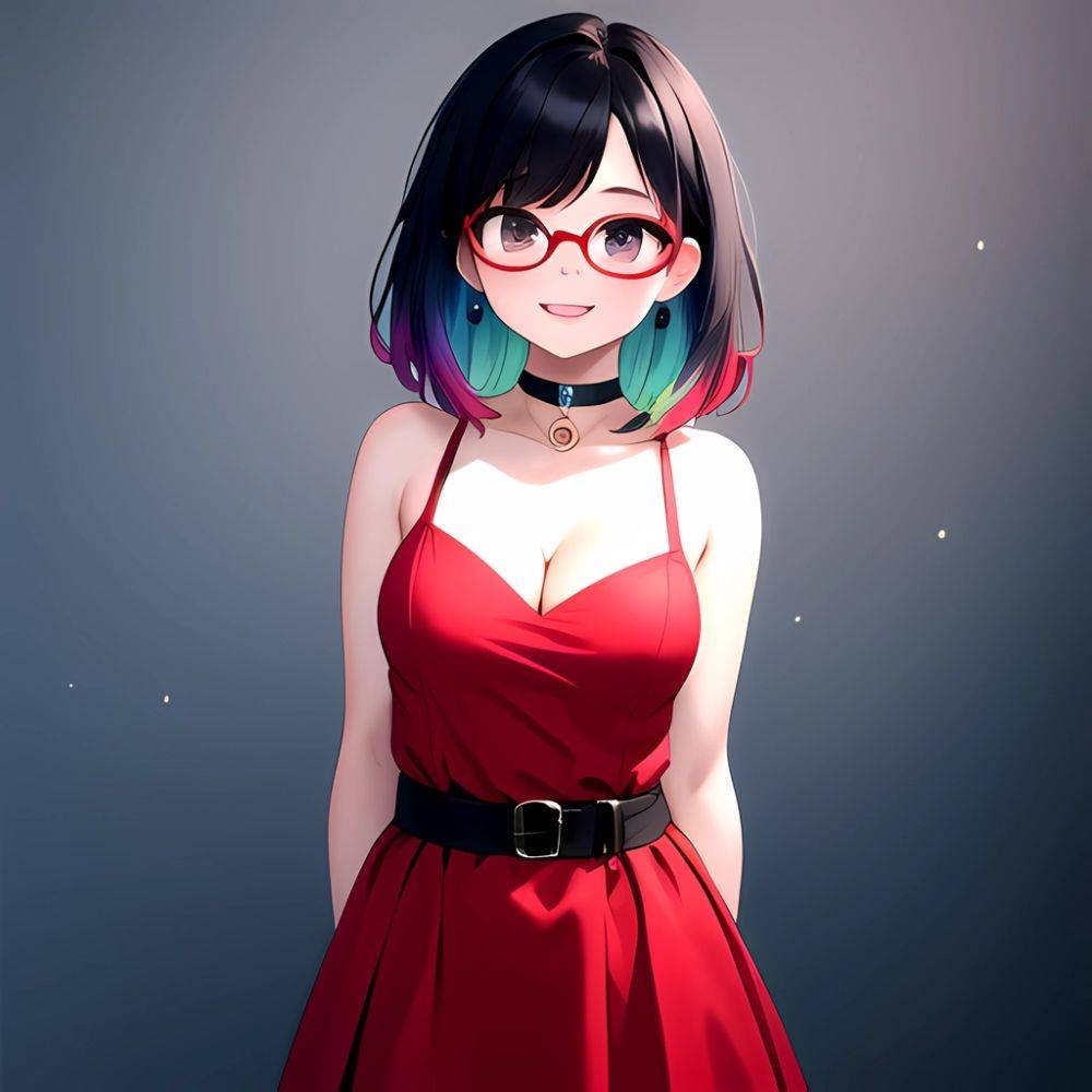 Kson 1girl Black Hair Blue Hair Breasts Brown Eyes Choker Cleavage Collarbone Dress Glasses Gradient Hair Head Tilt Looking At, 794069791 - AIHentai - #main