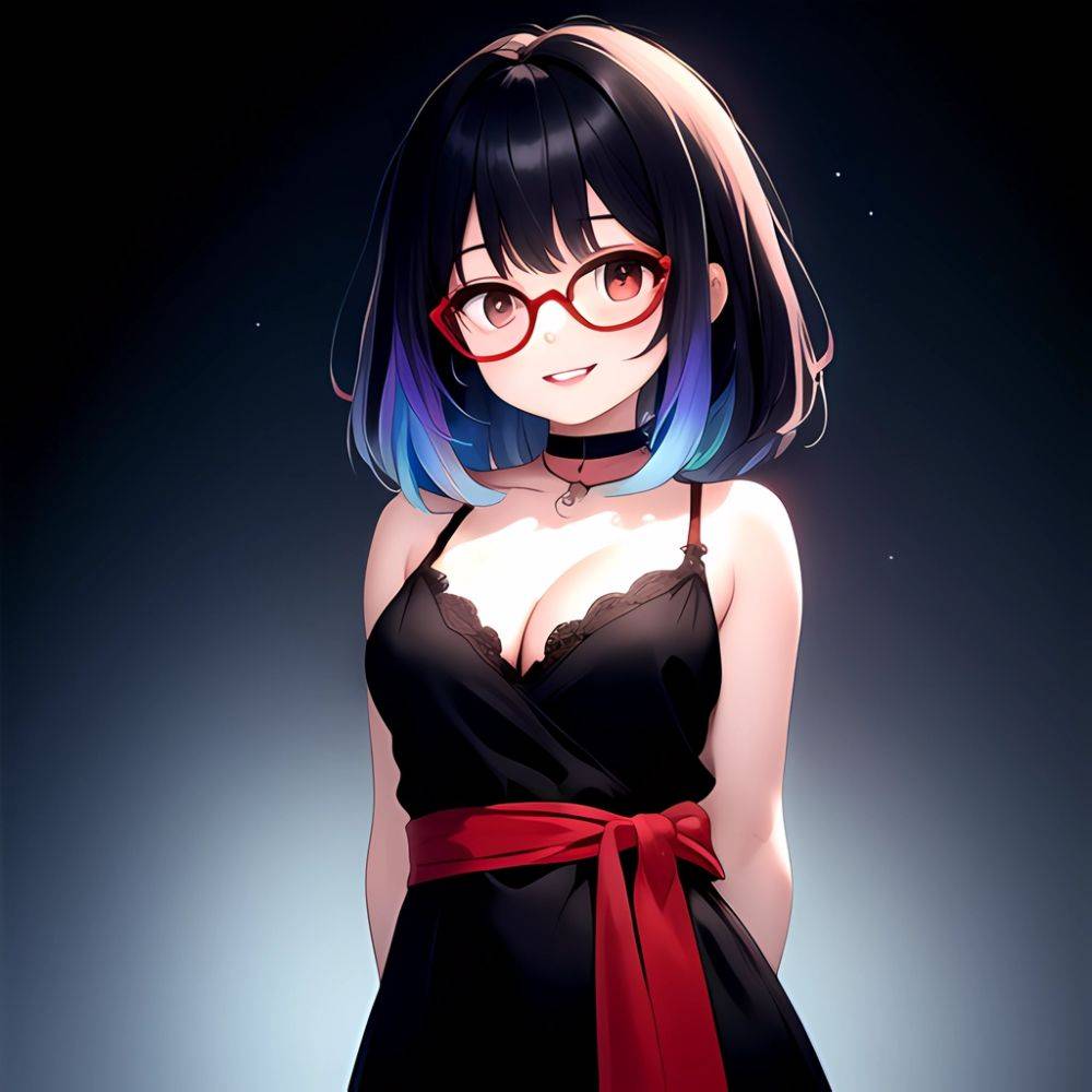 Kson 1girl Black Hair Blue Hair Breasts Brown Eyes Choker Cleavage Collarbone Dress Glasses Gradient Hair Head Tilt Looking At, 3519501792 - AIHentai - #main