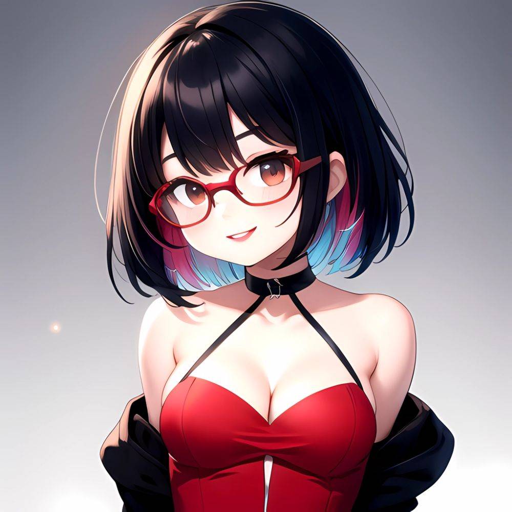 Kson 1girl Black Hair Blue Hair Breasts Brown Eyes Choker Cleavage Collarbone Dress Glasses Gradient Hair Head Tilt Looking At, 2672532807 - AIHentai - #main