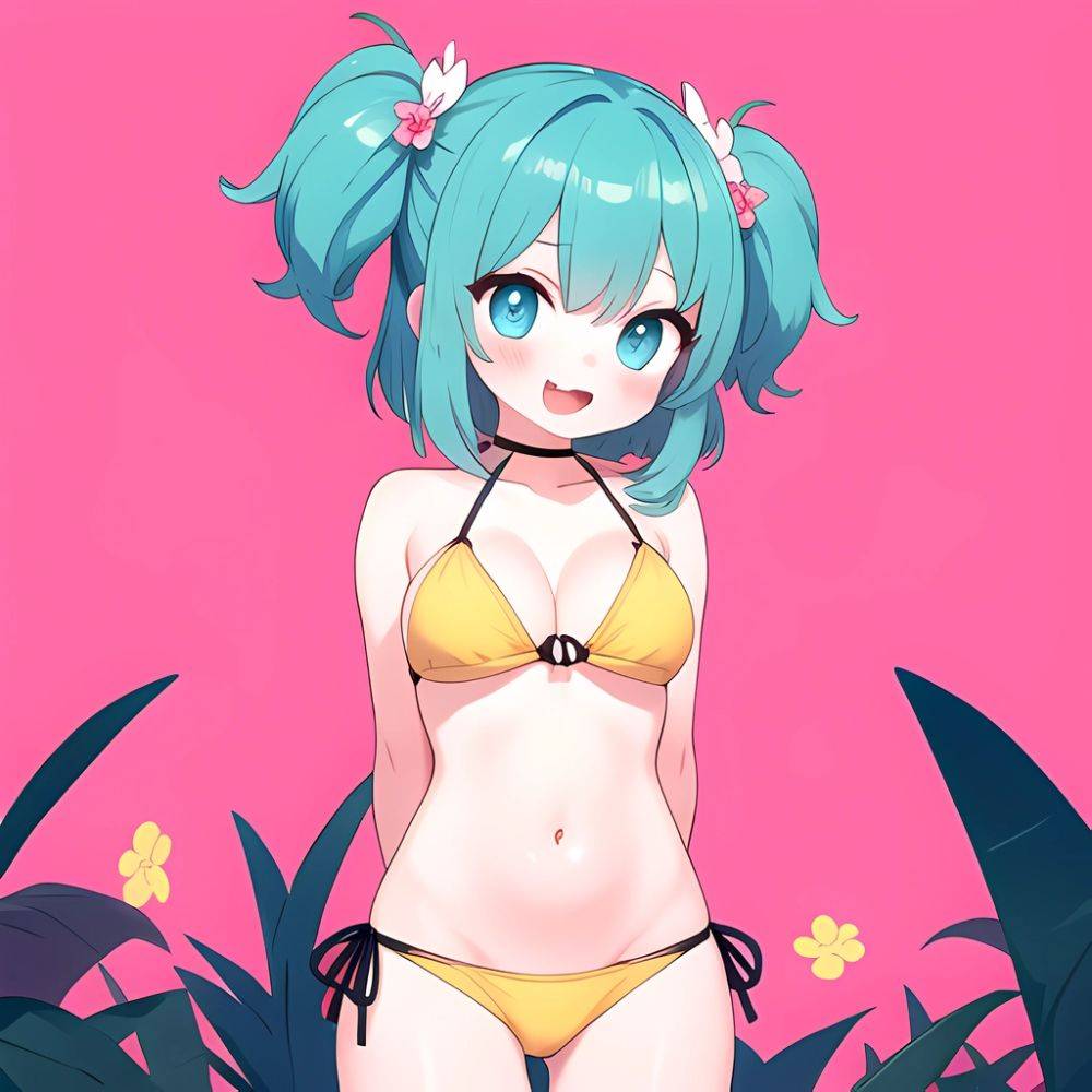 Pine Bombergirl 1girl 3 Aqua Hair Bare Shoulders Bikini Blonde Hair Blue Eyes Blue Hair Blue Trim Blush Breasts Cleavage, 858322748 - AIHentai - #main
