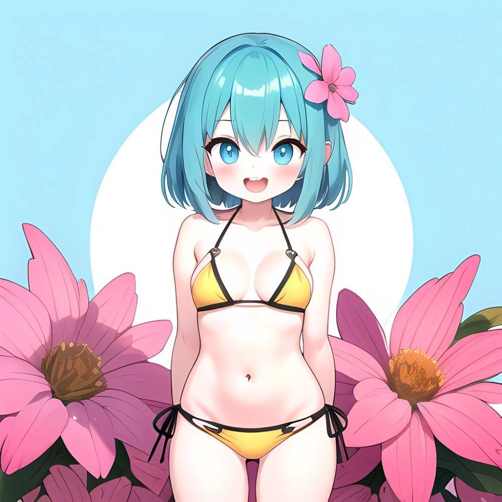 Pine Bombergirl 1girl 3 Aqua Hair Bare Shoulders Bikini Blonde Hair Blue Eyes Blue Hair Blue Trim Blush Breasts Cleavage, 626211342 - AIHentai - #main