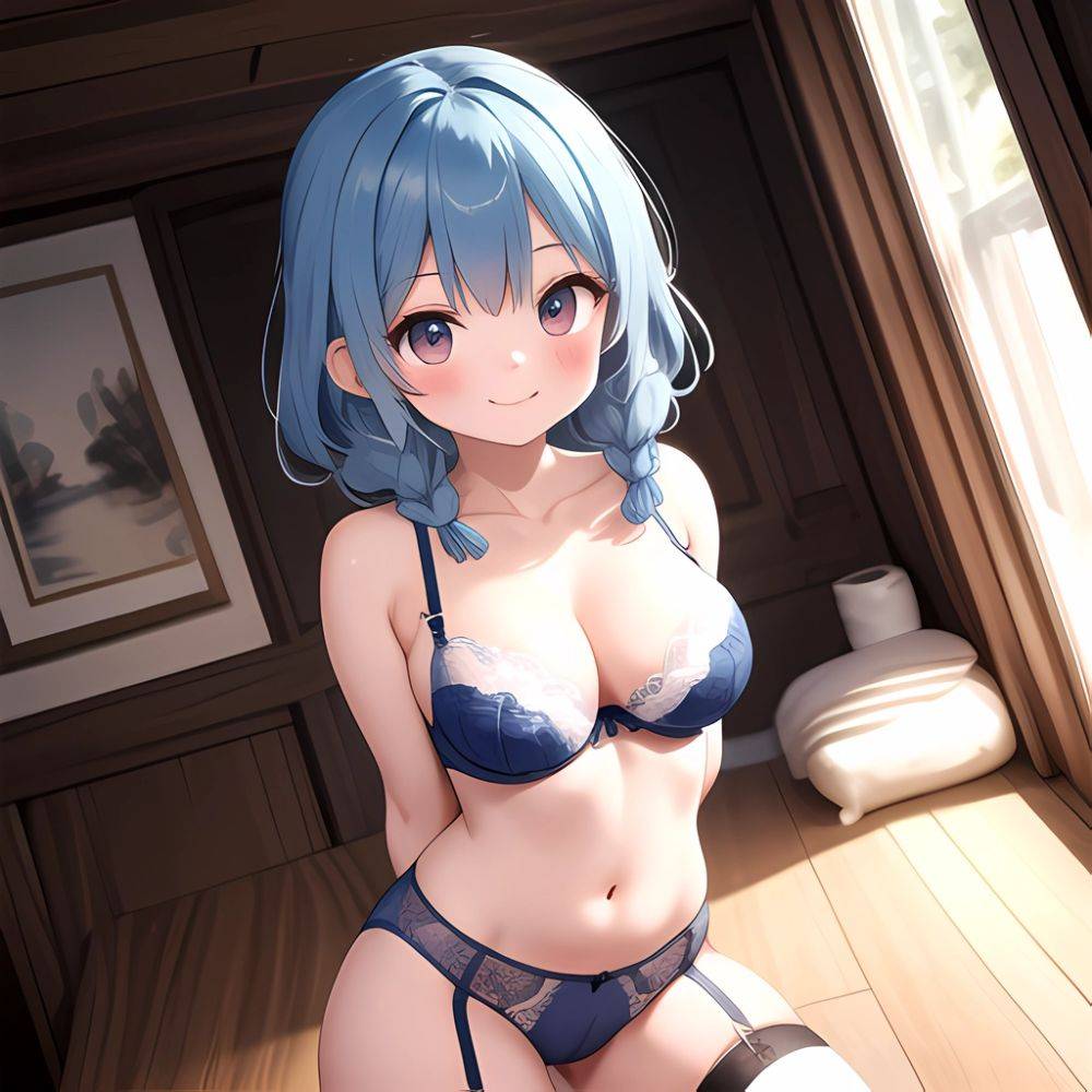 Marianne Von Edmund 1girl Blue Hair Blush Bra Braid Breasts Cameltoe Cleavage Crown Braid Garter Belt Lace Trimmed Bra Lace, 485467333 - AIHentai - #main