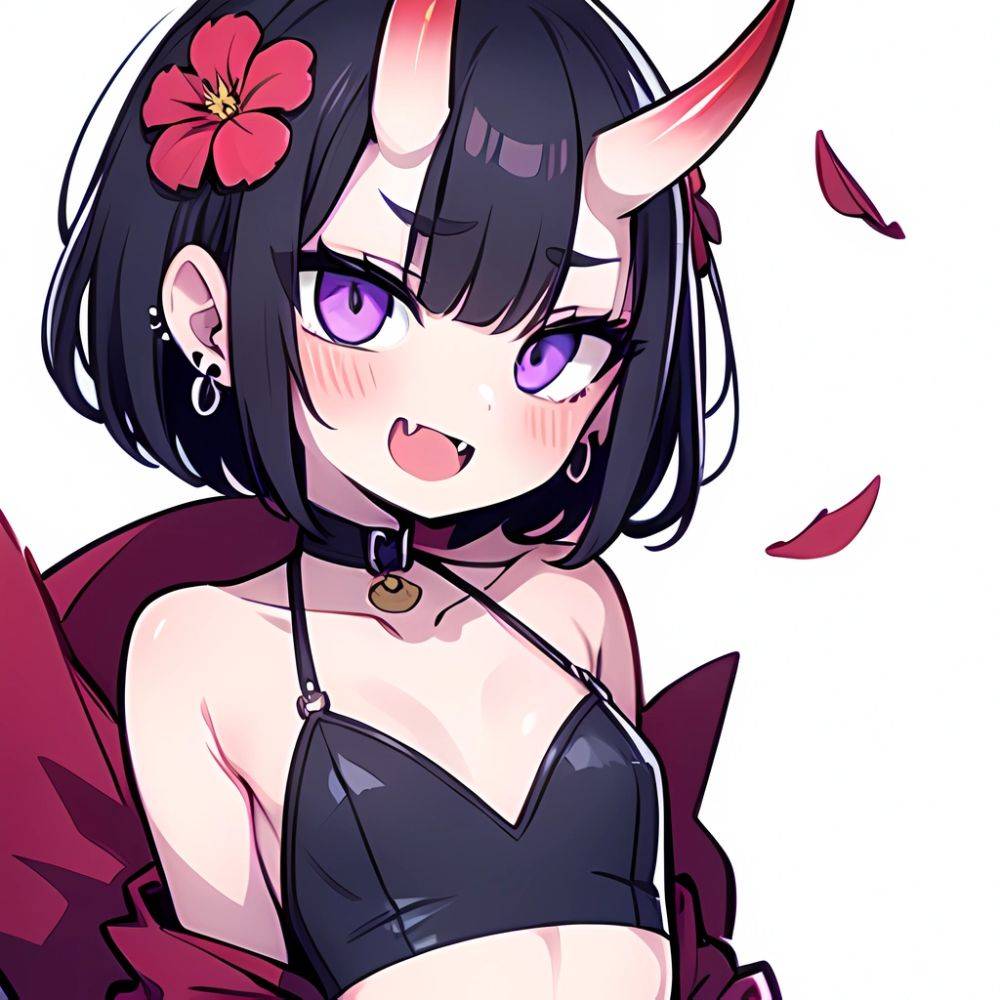 Shuten Douji Fate 1girl Blush Bob Cut Breasts Collarbone Earrings Fang Flower Hair Flower Hair Ornament Horns Jewelry Looking At, 1582429273 - AIHentai - #main