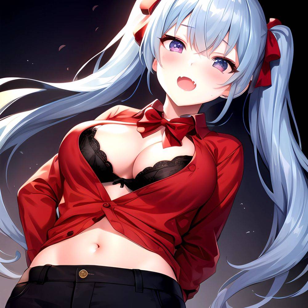 1girl Black Eyes Blue Hair Blush Bow Bowtie Bra Breasts Center Opening Cleavage Collared Shirt Fang Black Bra Hair Intakes, 3755725009 - AIHentai - #main