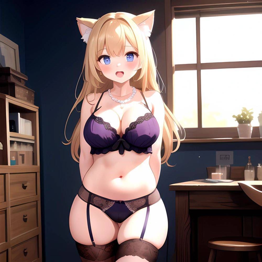1girl Animal Ears Blonde Hair Blue Eyes Blush Breasts Cowboy Shot Cropped Legs Curvy Eyeshadow Fat Grey Thighhighs Jewelry Lace, 325420486 - AIHentai - #main