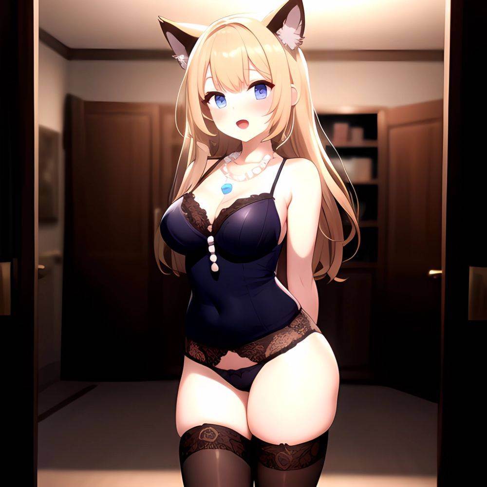 1girl Animal Ears Blonde Hair Blue Eyes Blush Breasts Cowboy Shot Cropped Legs Curvy Eyeshadow Fat Grey Thighhighs Jewelry Lace, 1423451157 - AIHentai - #main