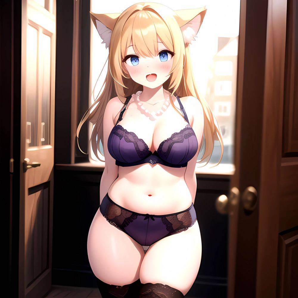 1girl Animal Ears Blonde Hair Blue Eyes Blush Breasts Cowboy Shot Cropped Legs Curvy Eyeshadow Fat Grey Thighhighs Jewelry Lace, 1499543188 - AIHentai - #main
