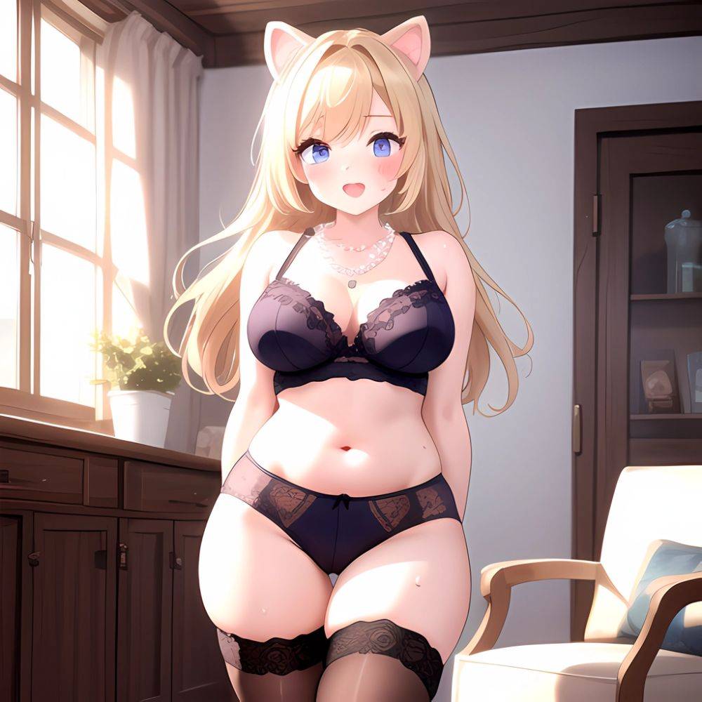 Miss Piggy 1girl Animal Ears Blonde Hair Blue Eyes Blush Breasts Cowboy Shot Cropped Legs Curvy Eyeshadow Fat Grey Thighhighs, 3511330610 - AIHentai - #main