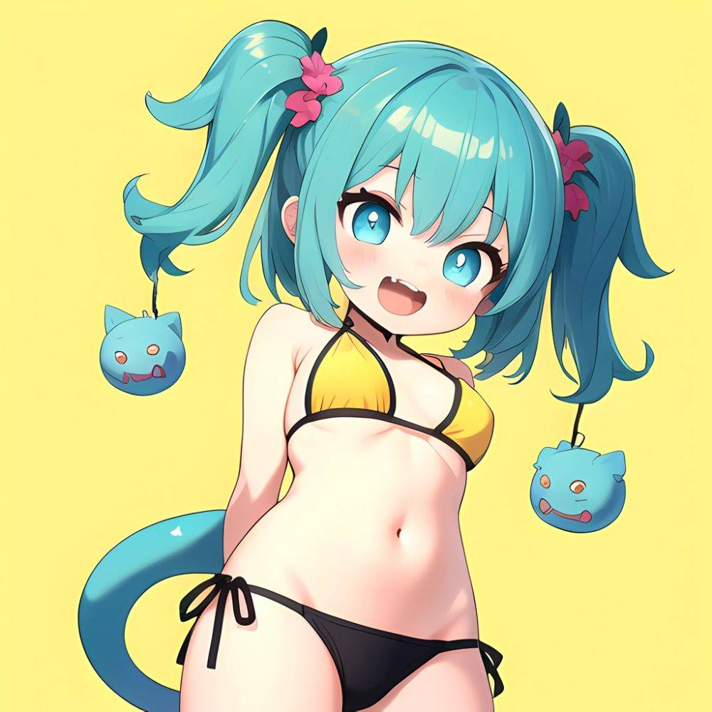 Pine Bombergirl 1girl 3 Aqua Hair Bare Shoulders Bikini Blonde Hair Blue Eyes Blue Hair Blue Trim Blush Breasts Cleavage, 3411432102 - AIHentai - #main