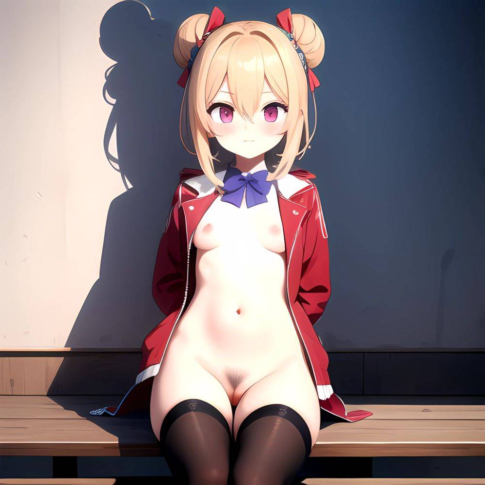 Terakomari Gandezblood 1girl Ahoge Between Legs Blonde Hair Bow Bowtie Breasts Closed Mouth Cone Hair Bun Cowboy Shot Double Bun, 492524048 - AIHentai - #main