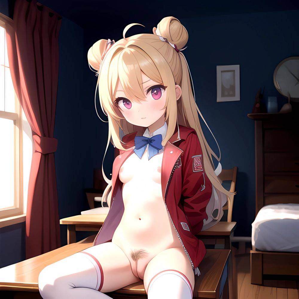 Terakomari Gandezblood 1girl Ahoge Between Legs Blonde Hair Bow Bowtie Breasts Closed Mouth Cone Hair Bun Cowboy Shot Double Bun, 1406356791 - AIHentai - #main
