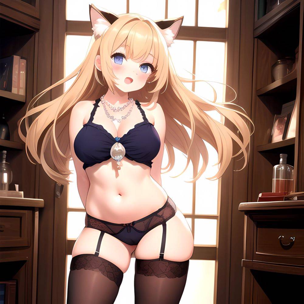 1girl Animal Ears Blonde Hair Blue Eyes Blush Breasts Cowboy Shot Cropped Legs Curvy Eyeshadow Fat Grey Thighhighs Jewelry Lace, 4293286803 - AIHentai - #main