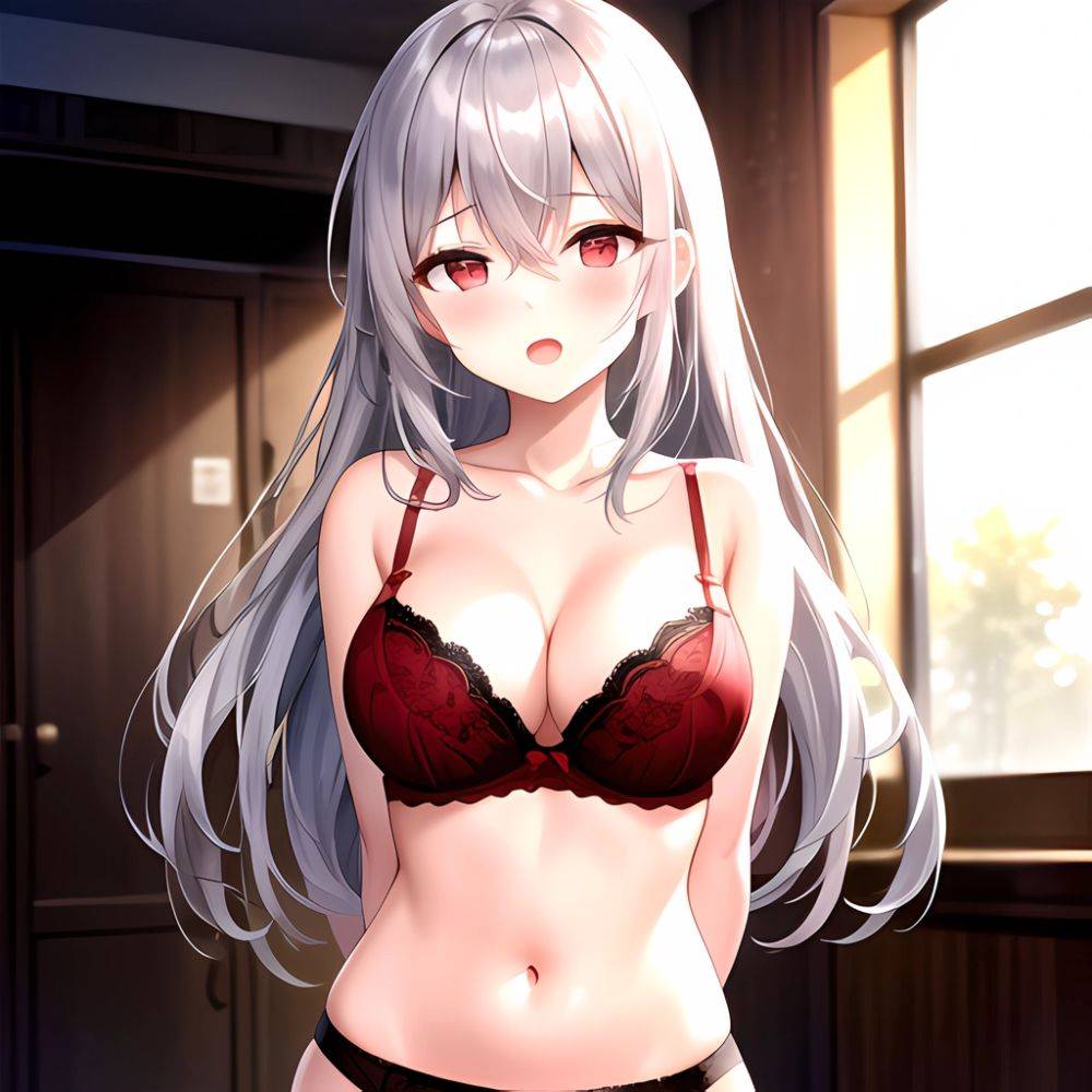 1girl Red Bra Blush Bra Breasts Double Parted Bangs Grey Hair Hair Between Eyes Indoors Large Breasts Long Hair Looking, 2490963276 - AIHentai - #main