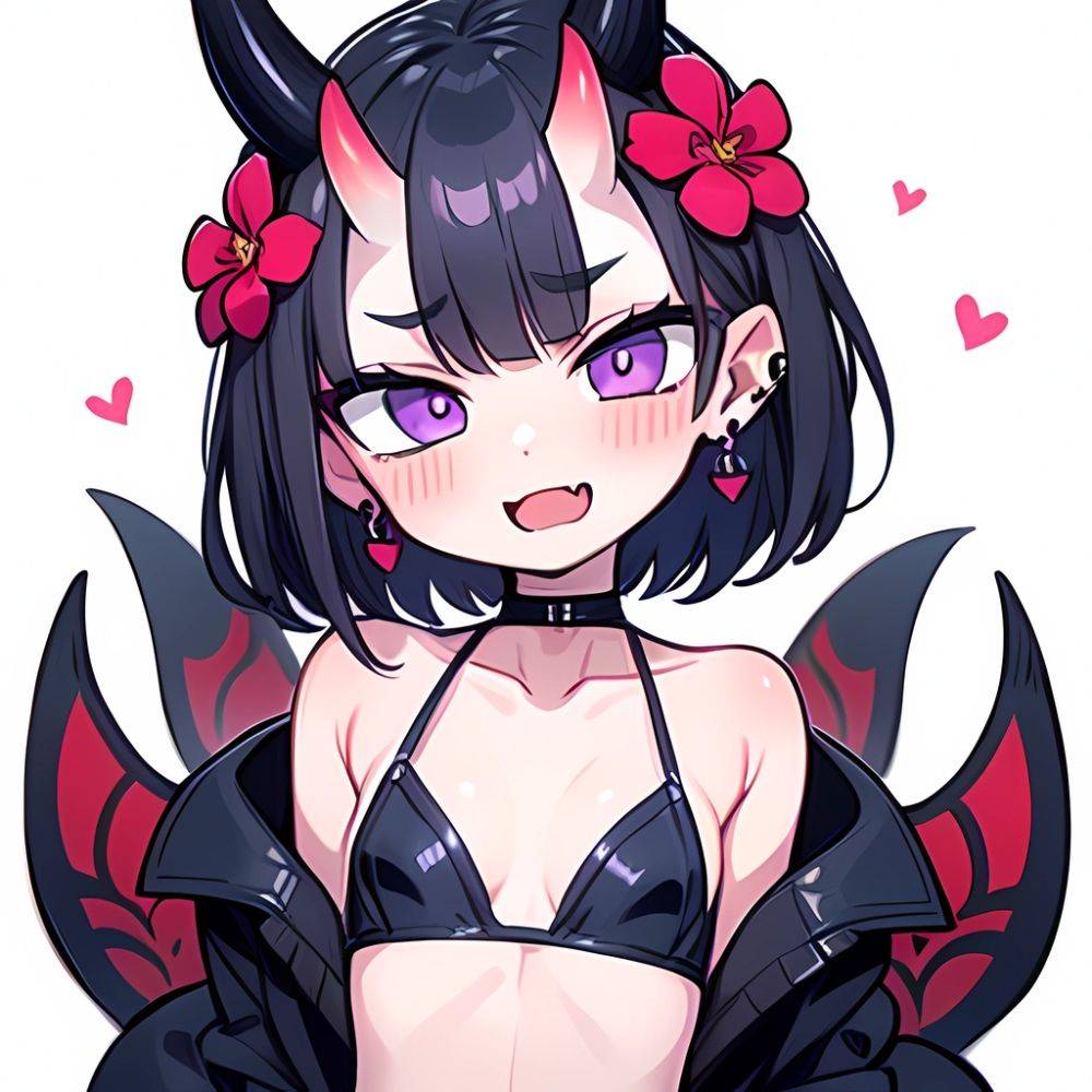 Shuten Douji Fate 1girl Blush Bob Cut Breasts Collarbone Earrings Fang Flower Hair Flower Hair Ornament Horns Jewelry Looking At, 3948023567 - AIHentai - #main