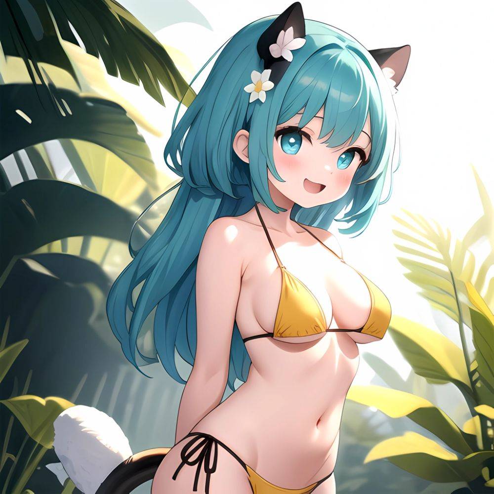 Pine Bombergirl 1girl 3 Aqua Hair Bare Shoulders Bikini Blonde Hair Blue Eyes Blue Hair Blue Trim Blush Breasts Cleavage, 3657874560 - AIHentai - #main