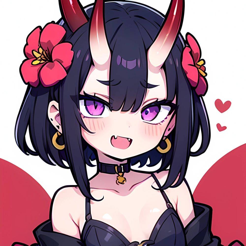 Shuten Douji Fate 1girl Blush Bob Cut Breasts Collarbone Earrings Fang Flower Hair Flower Hair Ornament Horns Jewelry Looking At, 3417467952 - AIHentai - #main