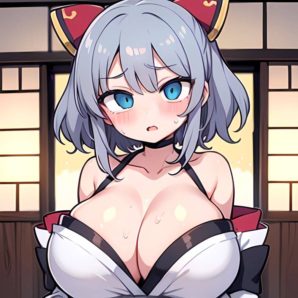 Yumi Senran Kagura 1girl Bare Shoulders Blue Eyes Breasts Cleavage Grey Hair Huge Breasts Japanese Clothes Kimono Looking At Vie, 4115022550 - AIHentai - #main