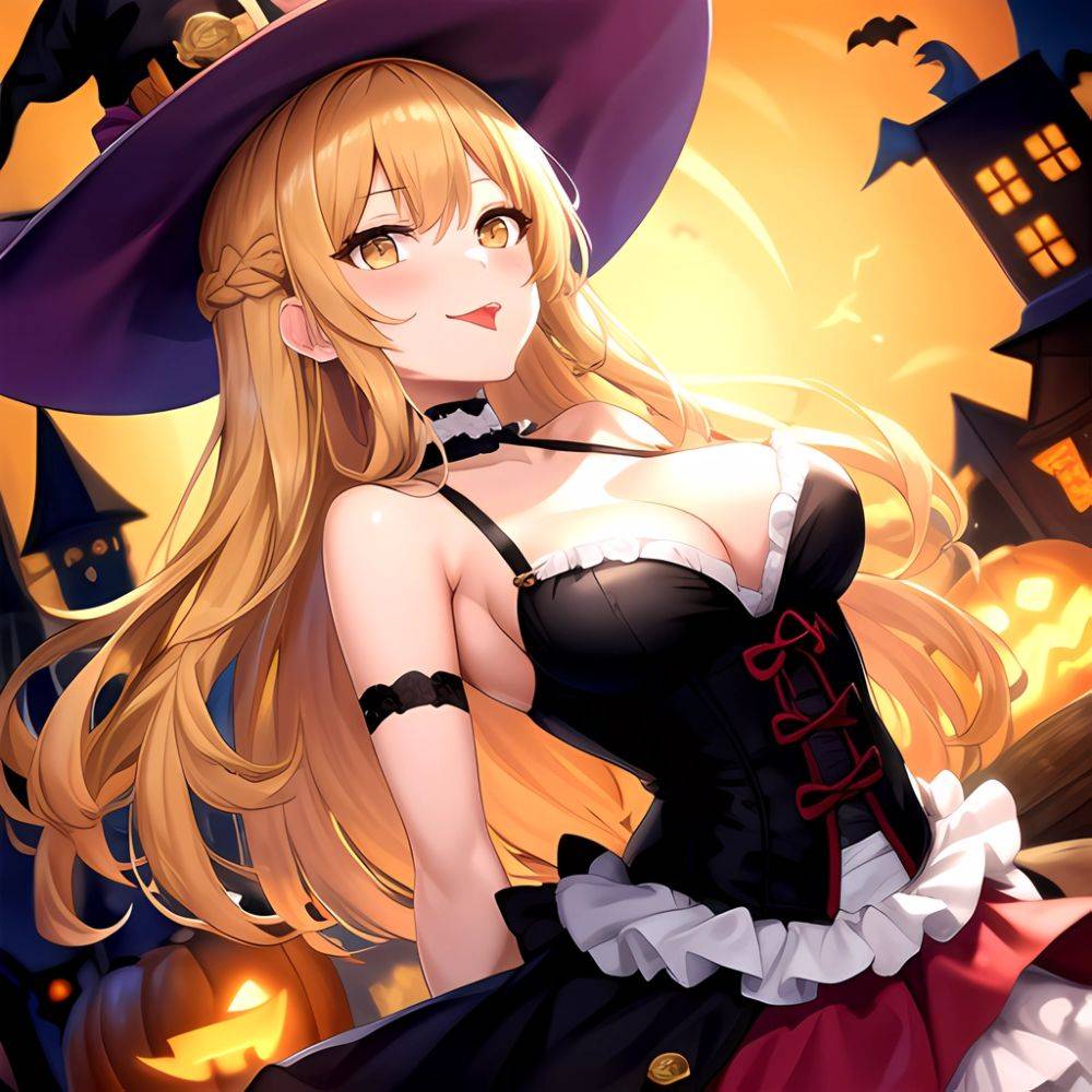 Shokuhou Misaki 1girl P Arched Back Black Corset Black Headwear Blonde Hair Breasts Choker Corset Dress Food Frilled Choker Fril, 1100078097 - AIHentai - #main