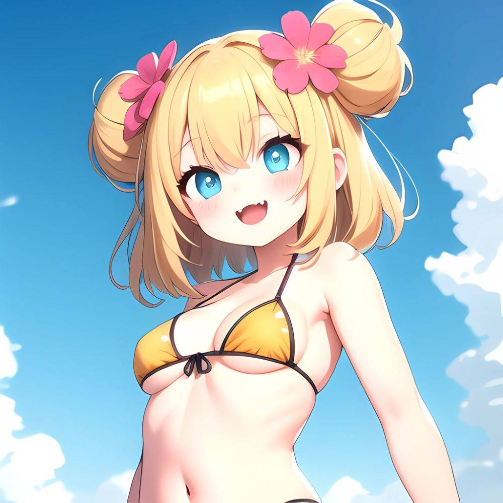 Pine Bombergirl 1girl 3 Aqua Hair Bare Shoulders Bikini Blonde Hair Blue Eyes Blue Hair Blue Trim Blush Breasts Cleavage, 2483652781 - AIHentai - #main