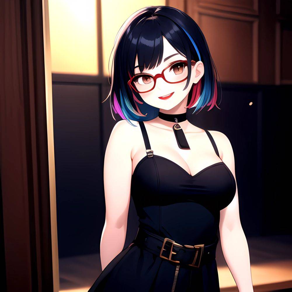 Kson 1girl Black Hair Blue Hair Breasts Brown Eyes Choker Cleavage Collarbone Dress Glasses Gradient Hair Head Tilt Looking At, 634418549 - AIHentai - #main