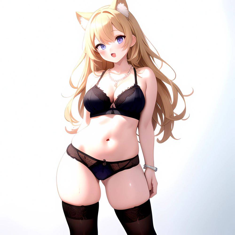 1girl Animal Ears Blonde Hair Blue Eyes Blush Breasts Cowboy Shot Cropped Legs Curvy Eyeshadow Fat Grey Thighhighs Jewelry Lace, 3170601168 - AIHentai - #main