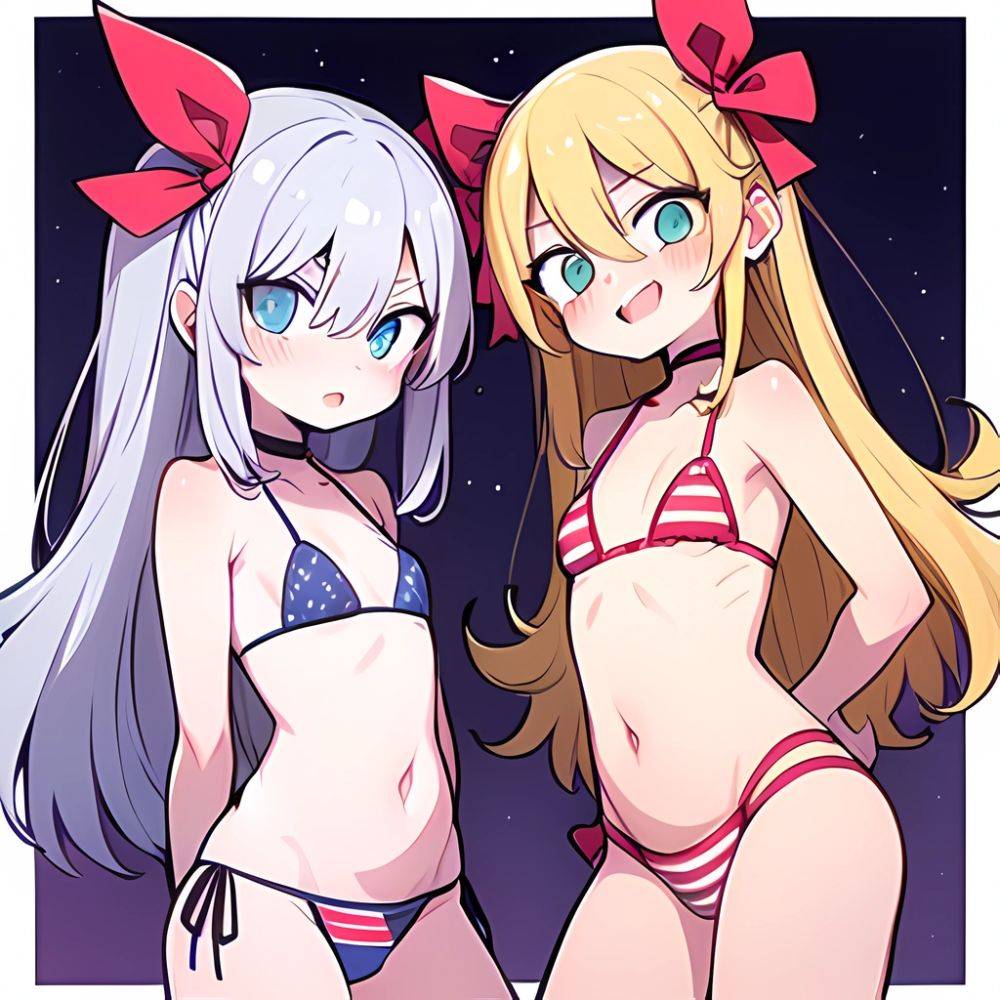 Gabriel Tenma White Raphiel Shiraha Ainsworth 2girls American Flag Bikini Bikini Blonde Hair Blue Eyes Blush Breasts Cross Hair, 2591628503 - AIHentai - #main