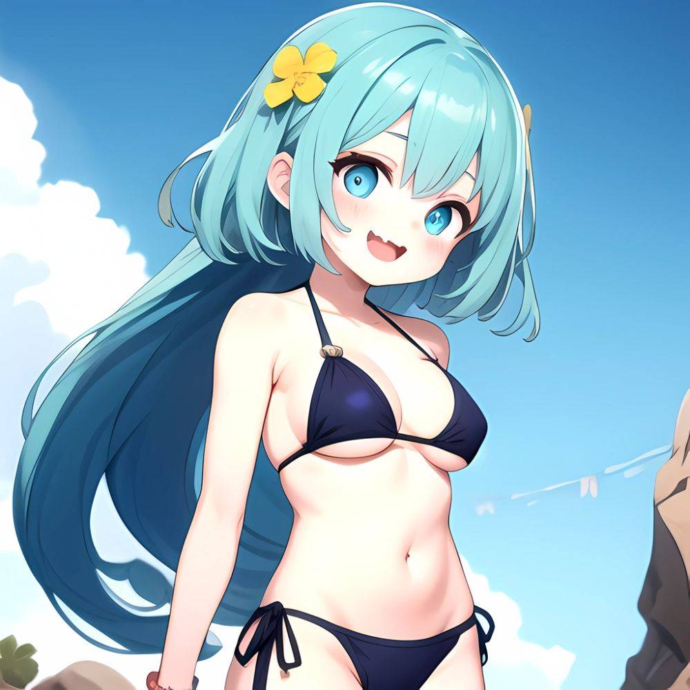 Pine Bombergirl 1girl 3 Aqua Hair Bare Shoulders Bikini Blonde Hair Blue Eyes Blue Hair Blue Trim Blush Breasts Cleavage, 2154795952 - AIHentai - #main