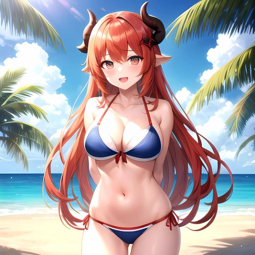 Nilou Genshin Impact 1girl Bare Shoulders Beach Bikini Blush Breasts Cleavage Collarbone Fake Horns Horns Large Breasts Long Hai, 117197254 - AIHentai - #main