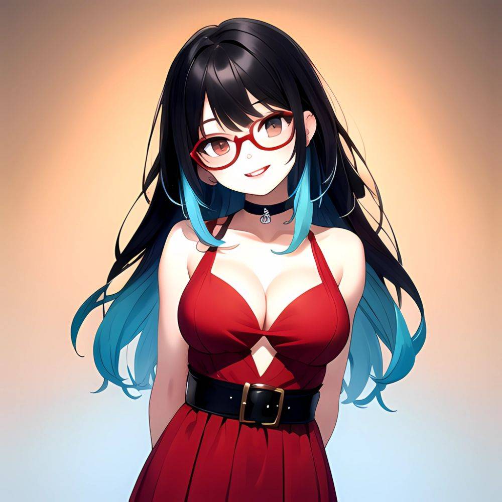 Kson 1girl Black Hair Blue Hair Breasts Brown Eyes Choker Cleavage Collarbone Dress Glasses Gradient Hair Head Tilt Looking At, 4234917553 - AIHentai - #main