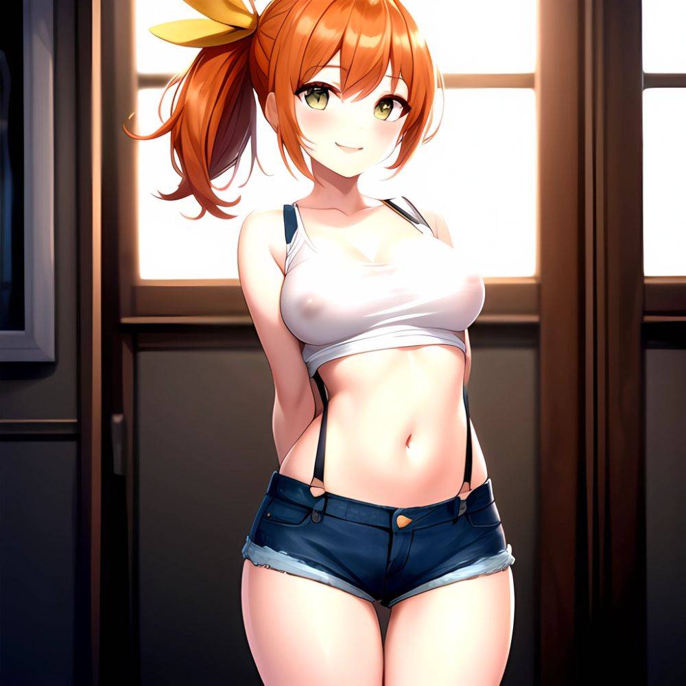 Misty Pokemon 1girl Blue Panties Breasts Denim Denim Shorts Head Tilt Heart Medium Breasts Navel Nipples No Bra Orange Hair, 635498206 - AIHentai - #main