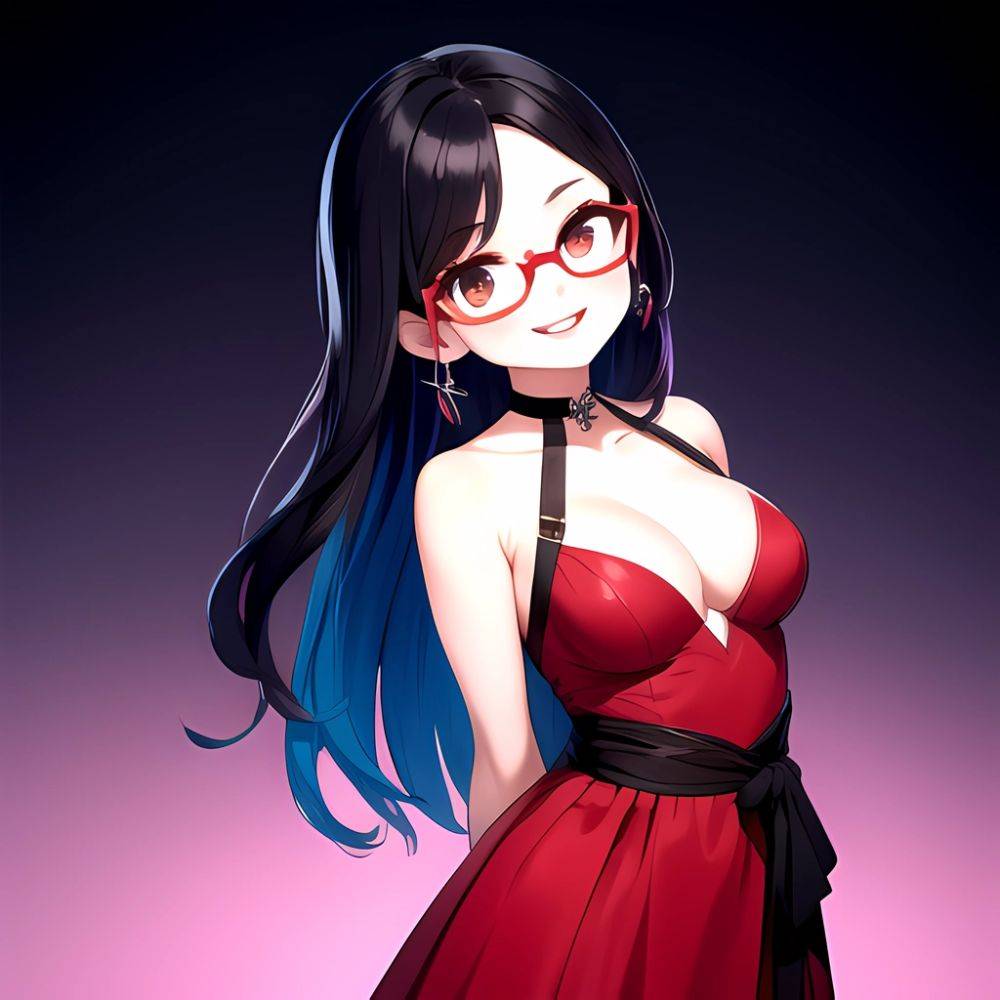 Kson 1girl Black Hair Blue Hair Breasts Brown Eyes Choker Cleavage Collarbone Dress Glasses Gradient Hair Head Tilt Looking At, 3643519577 - AIHentai - #main