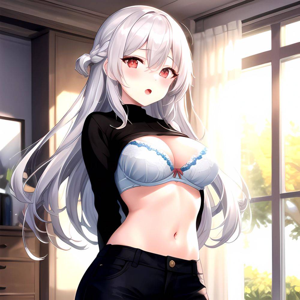 1girl White Bra Blush Bra Breasts Double Parted Bangs Grey Hair Hair Between Eyes Indoors Large Breasts Long Hair Looking, 2015492134 - AIHentai - #main