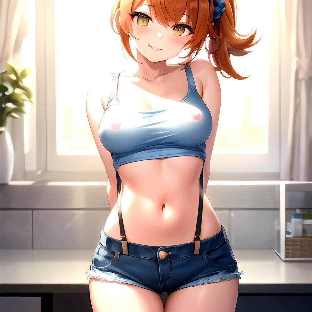 Misty Pokemon 1girl Blue Panties Breasts Denim Denim Shorts Head Tilt Heart Medium Breasts Navel Nipples No Bra Orange Hair, 3849760261 - AIHentai - #main