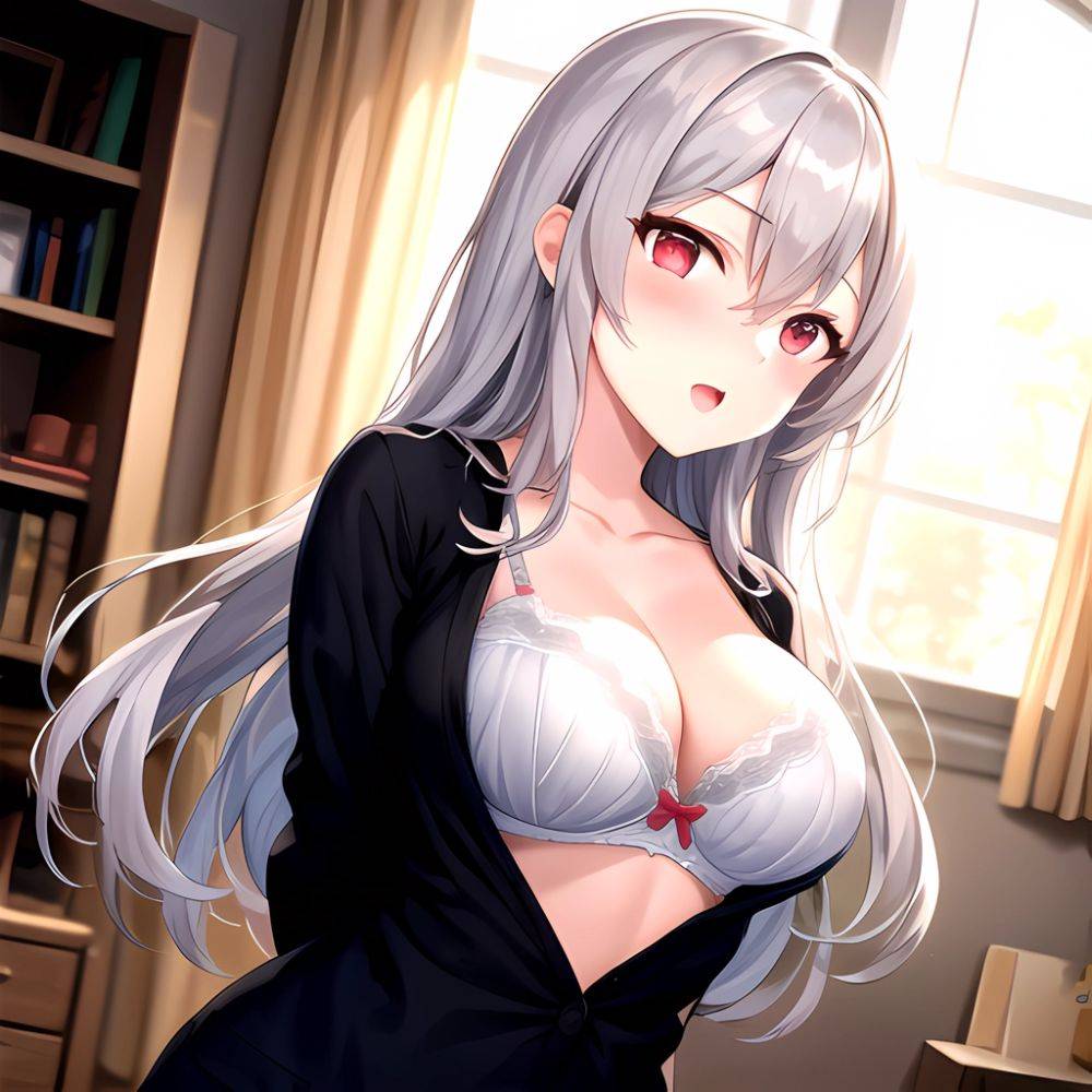 1girl White Bra Blush Bra Breasts Double Parted Bangs Grey Hair Hair Between Eyes Indoors Large Breasts Long Hair Looking, 1732388762 - AIHentai - #main