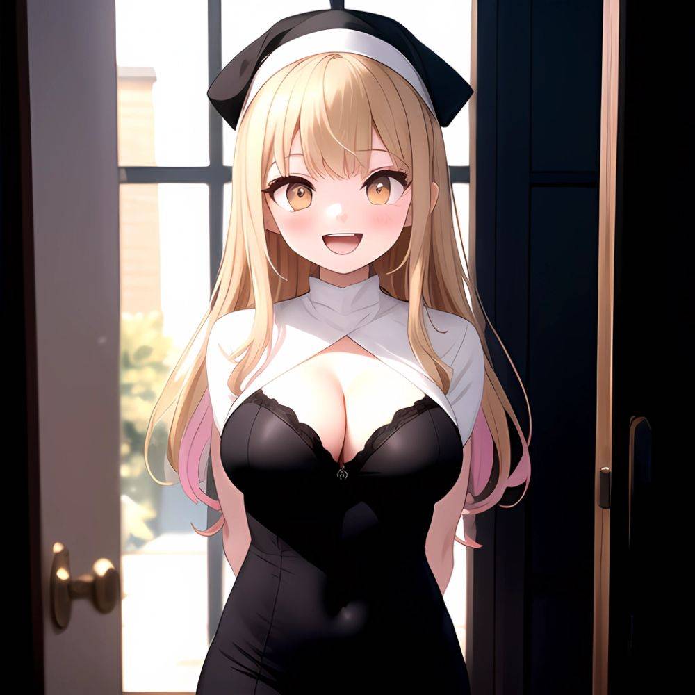 1girl D Black Headwear Black Nails Blonde Hair Blush Breasts Cleavage Grey Hair Large Breasts Long Hair Multicolored Hair Nail, 1829361919 - AIHentai - #main