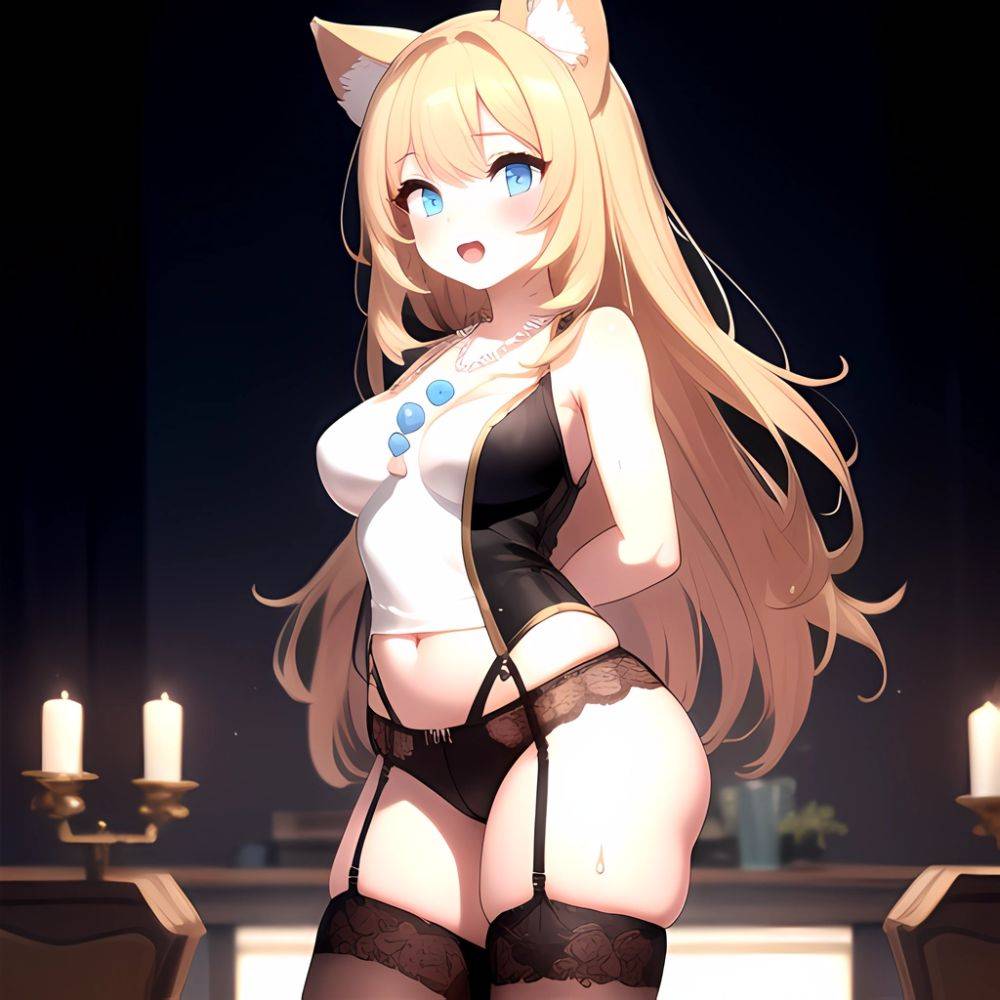 1girl Animal Ears Blonde Hair Blue Eyes Blush Breasts Cowboy Shot Cropped Legs Curvy Eyeshadow Fat Grey Thighhighs Jewelry Lace, 1819263720 - AIHentai - #main