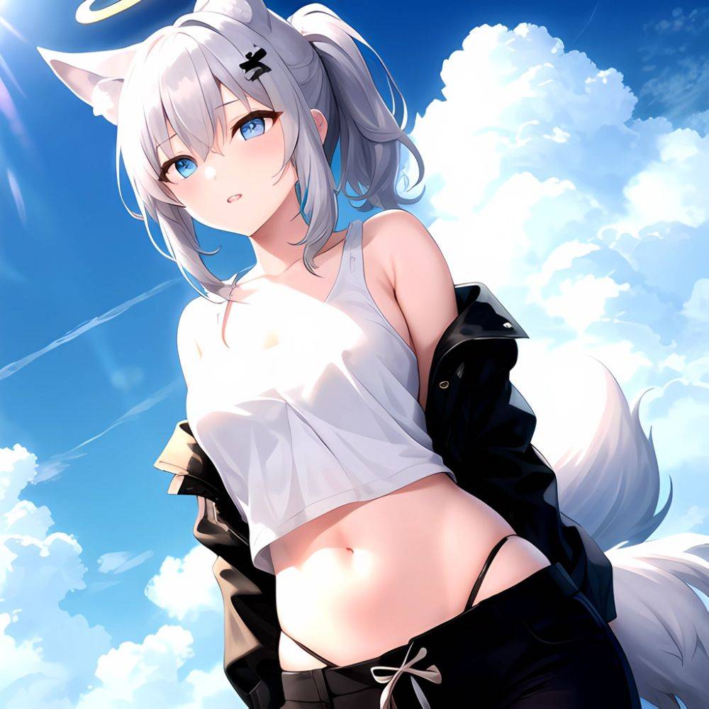 Shiroko Blue Archive 1girl Alternate Costume Animal Ear Fluff Animal Ears Arms Behind Back Black Pants Blue Eyes Blue Sky, 4205967679 - AIHentai - #main