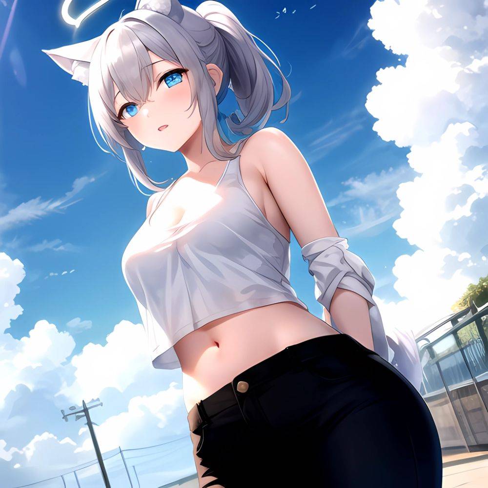 Shiroko Blue Archive 1girl Alternate Costume Animal Ear Fluff Animal Ears Arms Behind Back Black Pants Blue Eyes Blue Sky, 3357340818 - AIHentai - #main