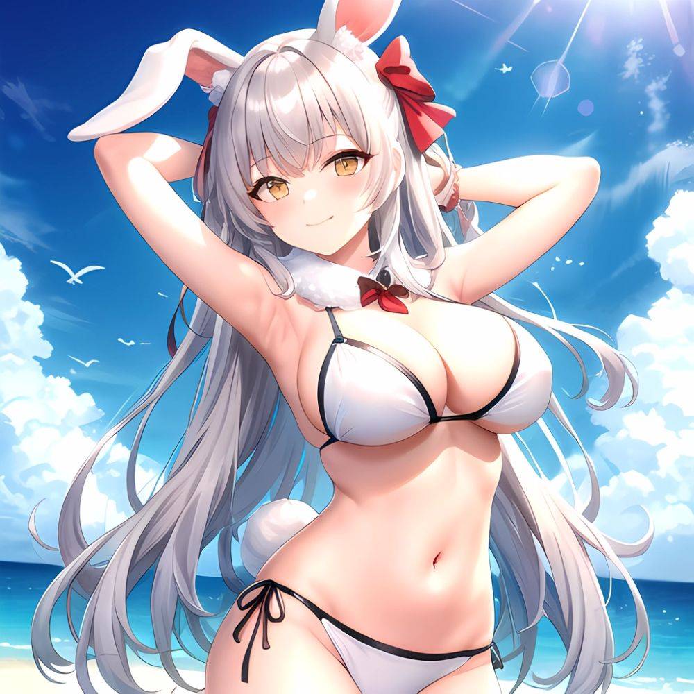 1girl Animal Ears Arms Behind Head Armpits Bare Shoulders Bikini White Bikini Blue Bow Bow Breasts Cleavage Closed Mouth Cowboy, 2159156804 - AIHentai - #main