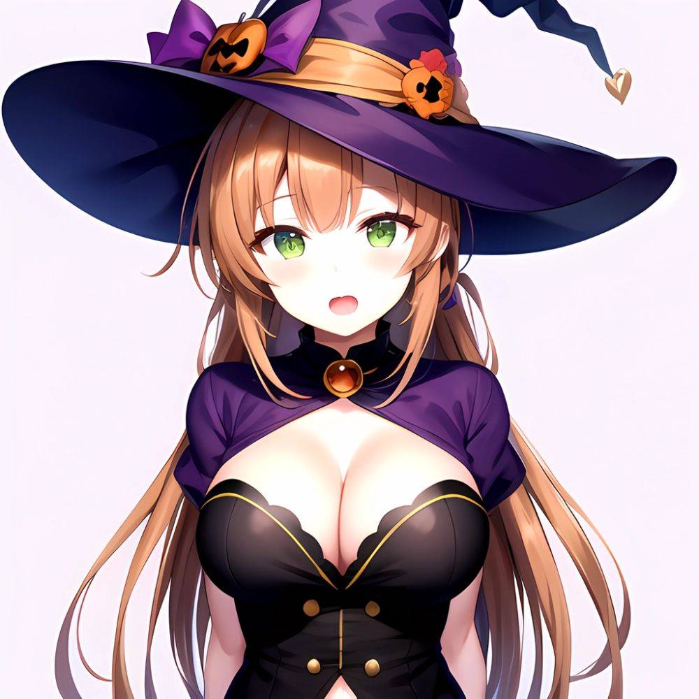 Chinatsu Suzutsuki Kurara 1girl Breasts Brown Hair Green Eyes Halloween Halloween Costume Hat Large Breasts Long Hair Open Mouth, 264369961 - AIHentai - #main