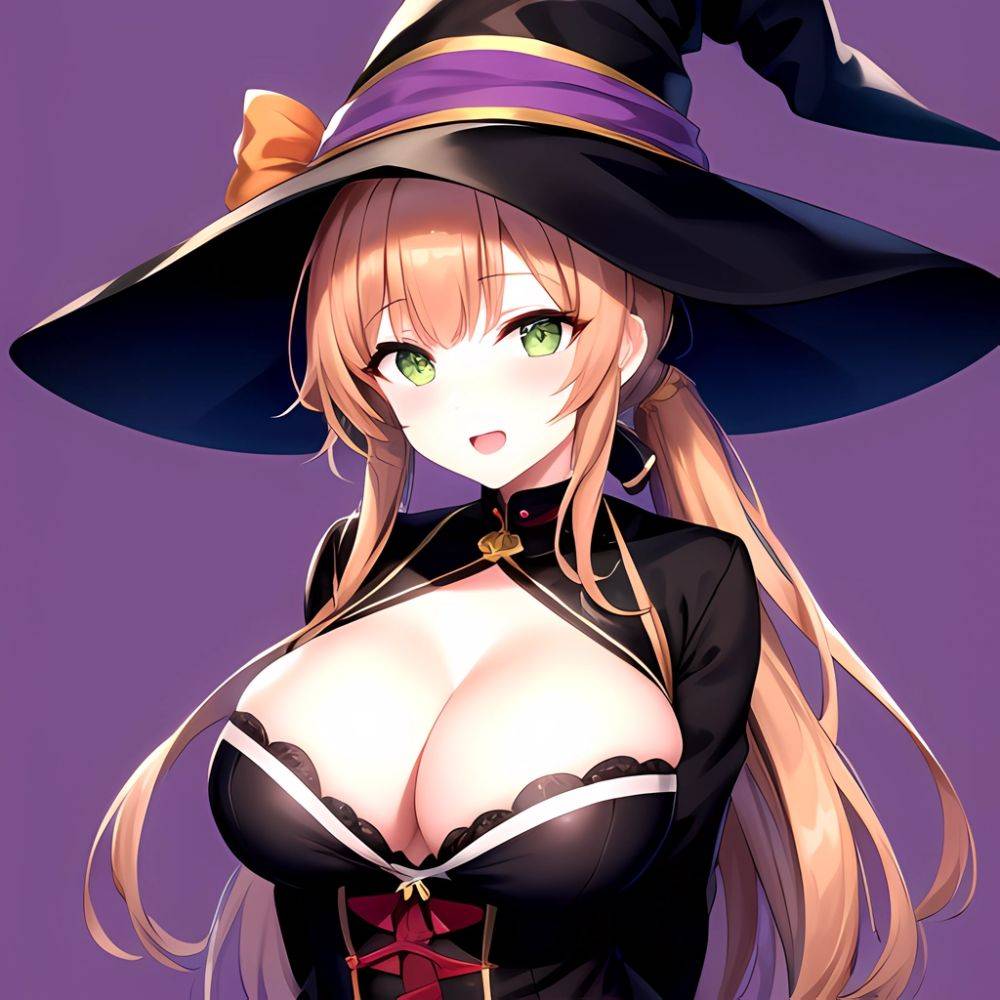 Chinatsu Suzutsuki Kurara 1girl Breasts Brown Hair Green Eyes Halloween Halloween Costume Hat Large Breasts Long Hair Open Mouth, 2215591077 - AIHentai - #main