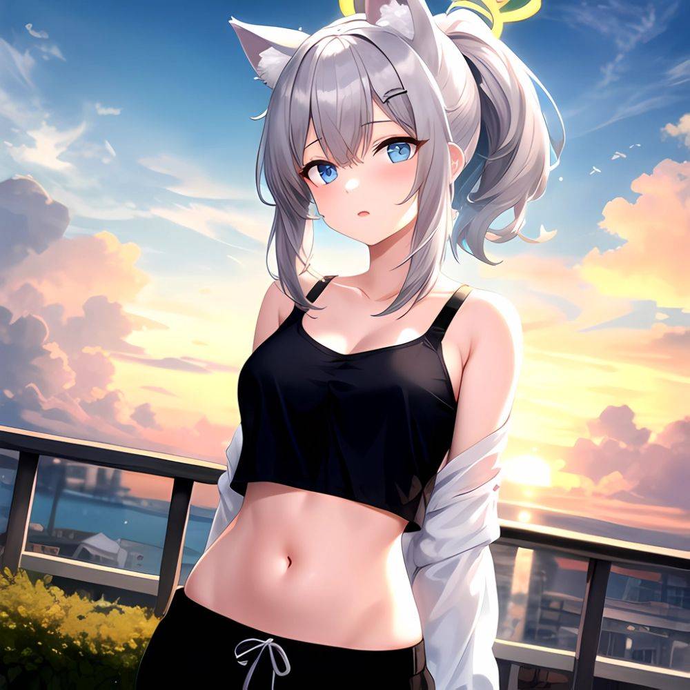 Shiroko Blue Archive 1girl Alternate Costume Animal Ear Fluff Animal Ears Arms Behind Back Black Pants Blue Eyes Blue Sky, 1403770381 - AIHentai - #main