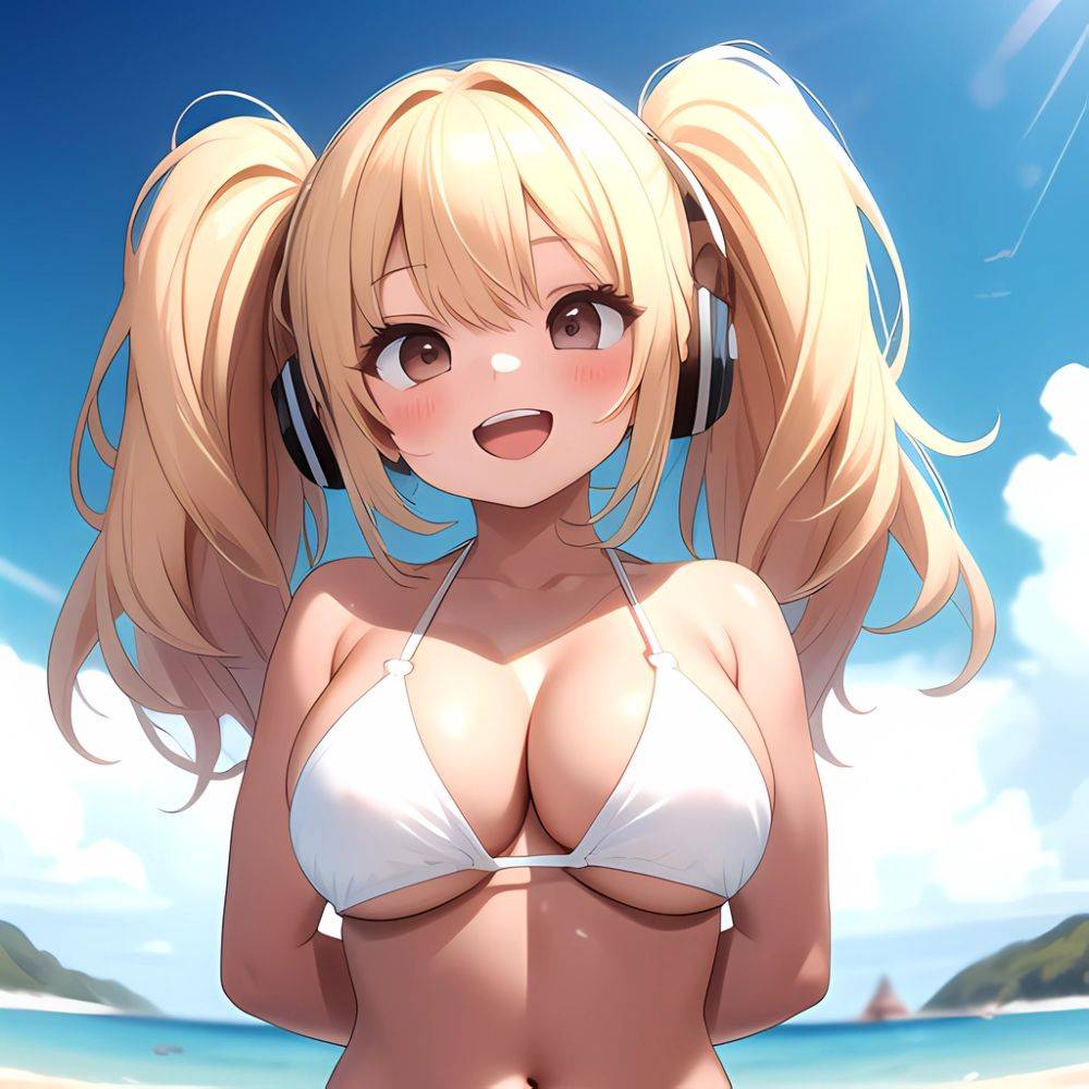 Super Pochaco 1girl Arms Behind Back Bare Shoulders Bikini Blonde Hair Blush Breasts Brown Eyes Cleavage Cowboy Shot Dark Skinne, 592621190 - AIHentai - #main