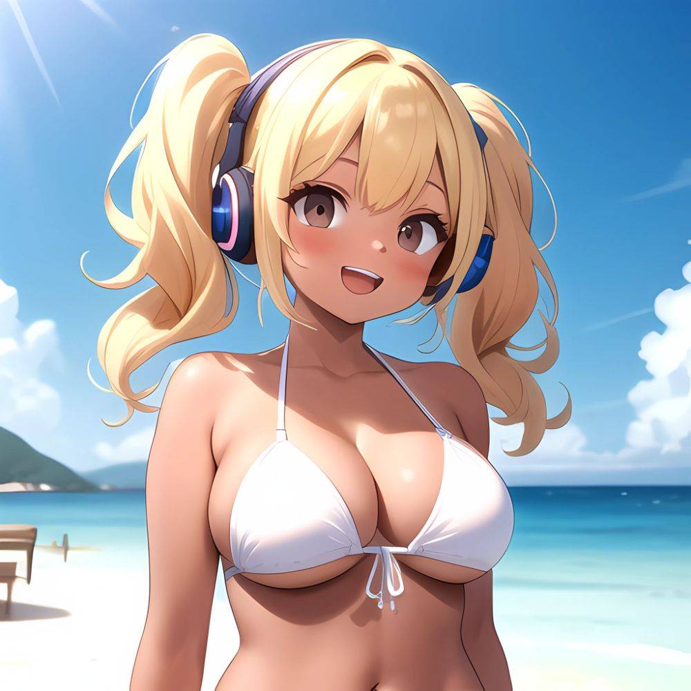 Super Pochaco 1girl Arms Behind Back Bare Shoulders Bikini Blonde Hair Blush Breasts Brown Eyes Cleavage Cowboy Shot Dark Skinne, 116285574 - AIHentai - #main