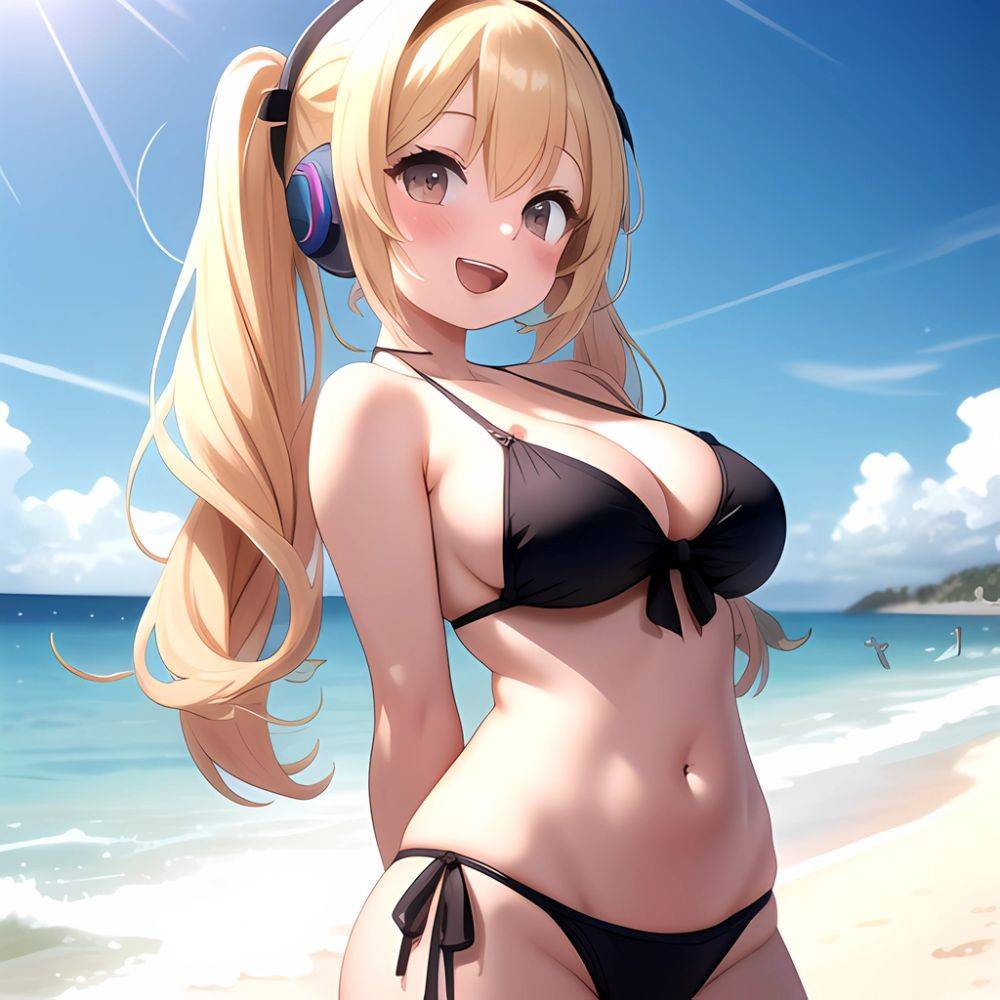 Super Pochaco 1girl Arms Behind Back Bare Shoulders Bikini Blonde Hair Blush Breasts Brown Eyes Cleavage Cowboy Shot Dark Skinne, 8682291 - AIHentai - #main