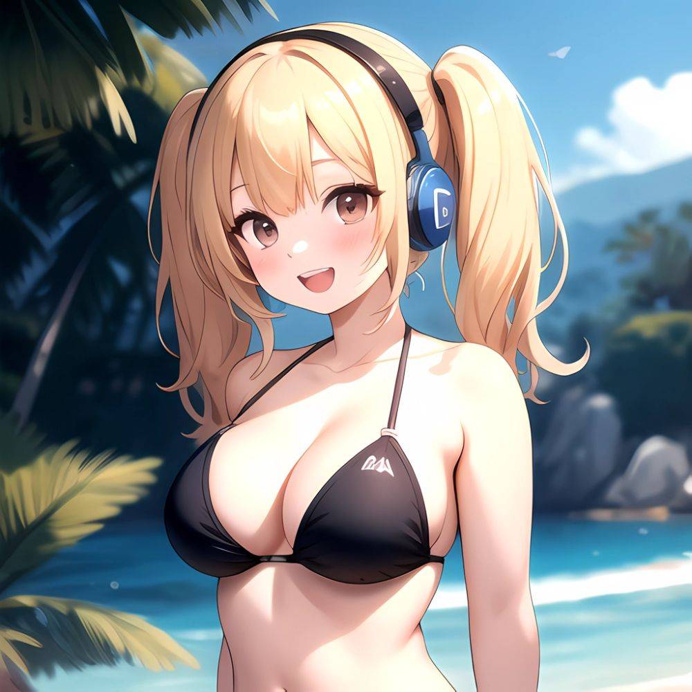 Super Pochaco 1girl Arms Behind Back Bare Shoulders Bikini Blonde Hair Blush Breasts Brown Eyes Cleavage Cowboy Shot Dark Skinne, 549652041 - AIHentai - #main