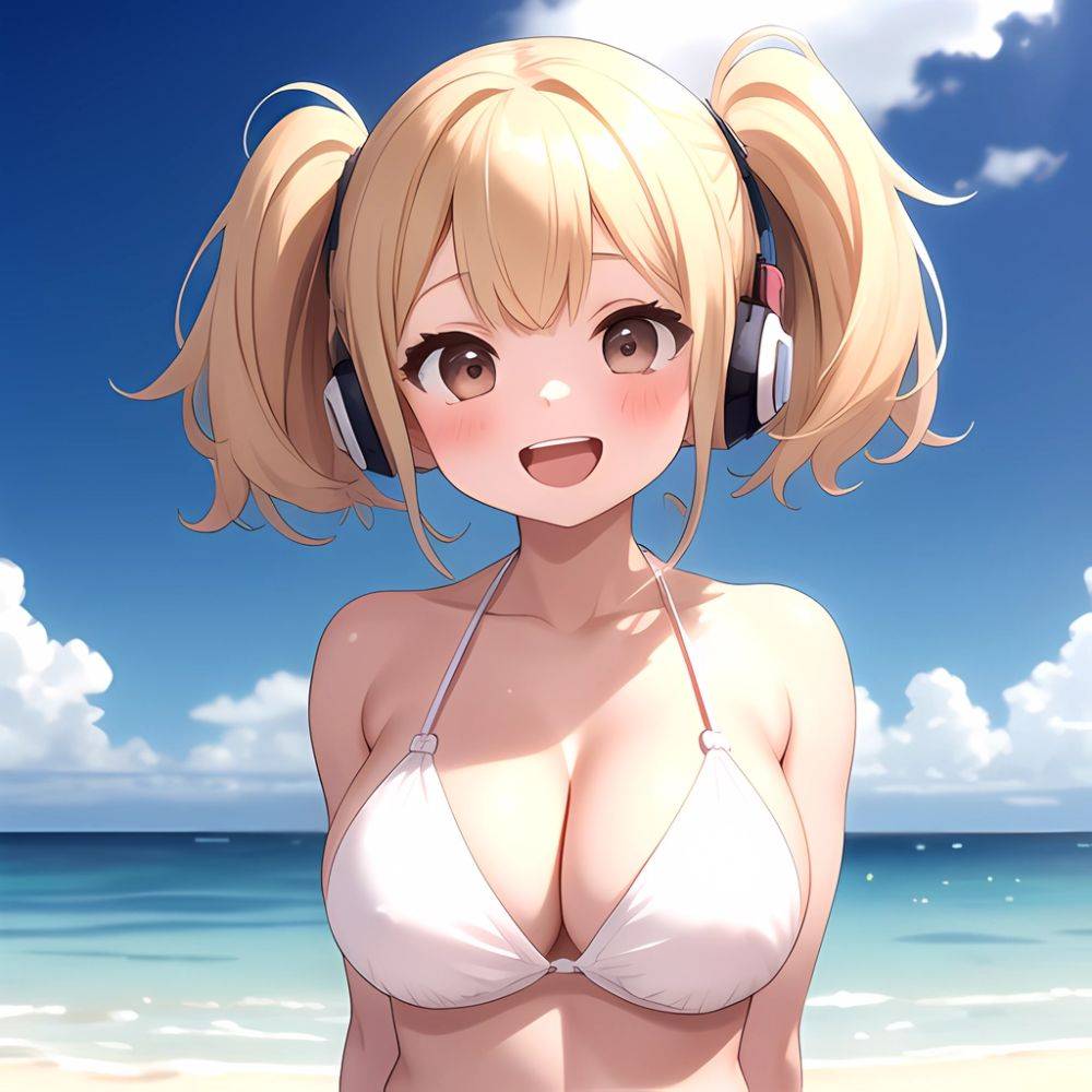 Super Pochaco 1girl Arms Behind Back Bare Shoulders Bikini Blonde Hair Blush Breasts Brown Eyes Cleavage Cowboy Shot Dark Skinne, 94257790 - AIHentai - #main