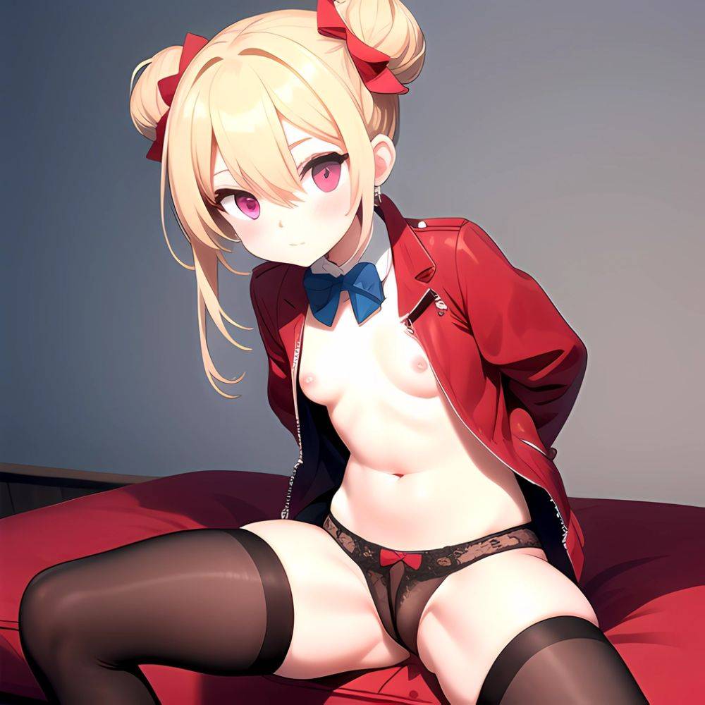 Terakomari Gandezblood 1girl Ahoge Between Legs Blonde Hair Bow Bowtie Breasts Closed Mouth Cone Hair Bun Cowboy Shot Double Bun, 2273582402 - AIHentai - #main