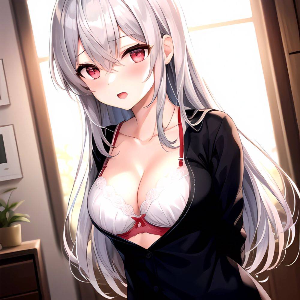 1girl White Bra Blush Bra Breasts Double Parted Bangs Grey Hair Hair Between Eyes Indoors Large Breasts Long Hair Looking, 3840950353 - AIHentai - #main
