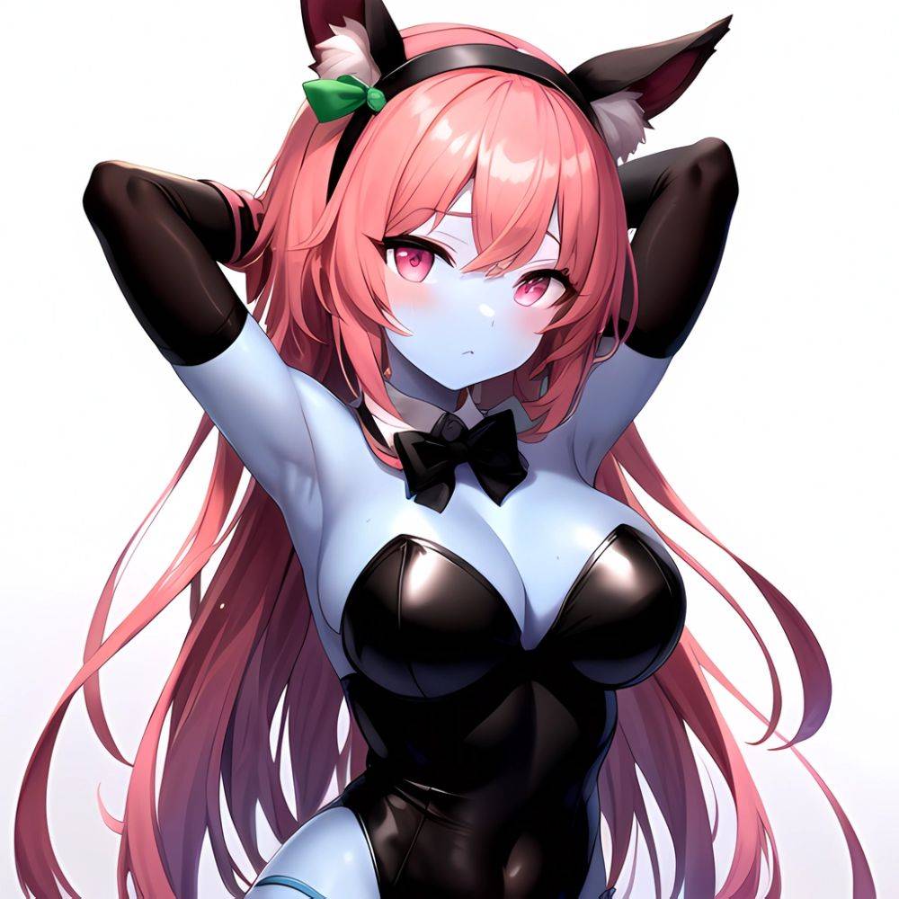1girl Animal Ears Armpits Arms Behind Head Black Bow Black Bowtie Black Gloves Black Hairband Black Thighhighs Blue Skin Blunt, 2321457718 - AIHentai - #main
